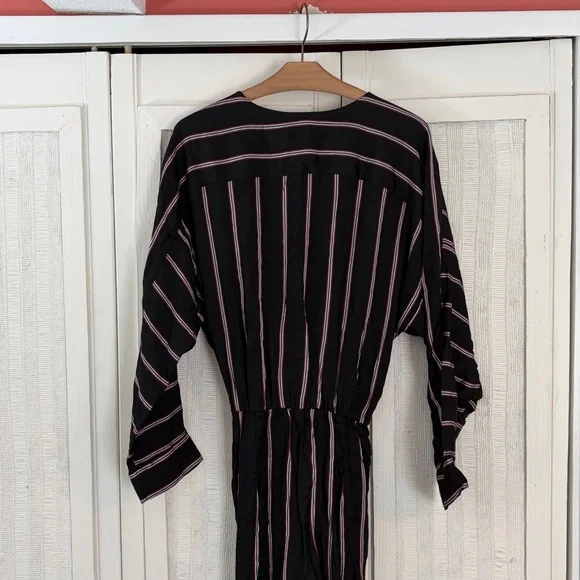 Maje Striped Black Red Pandomi V-Neck Wrap Woven Jumpsuit Surplice Pocket Medium - Picture 9 of 9